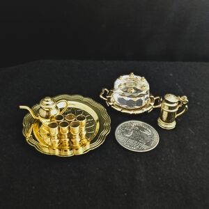 🎂 Vtg. Miniature Elegant Brass Service Platters w/ Cups Pitcher Crystal Cake